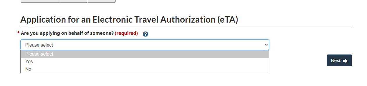 Are you applying on behalf of someoneと表示されたeTA代理申請の質問