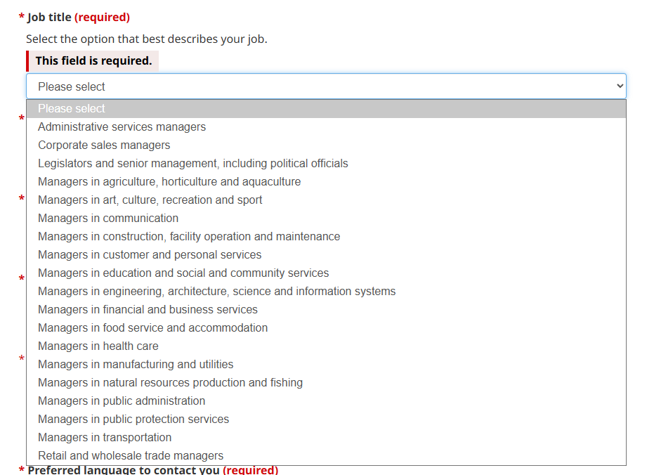 Management occupationsを選んだ場合のJob title選択肢