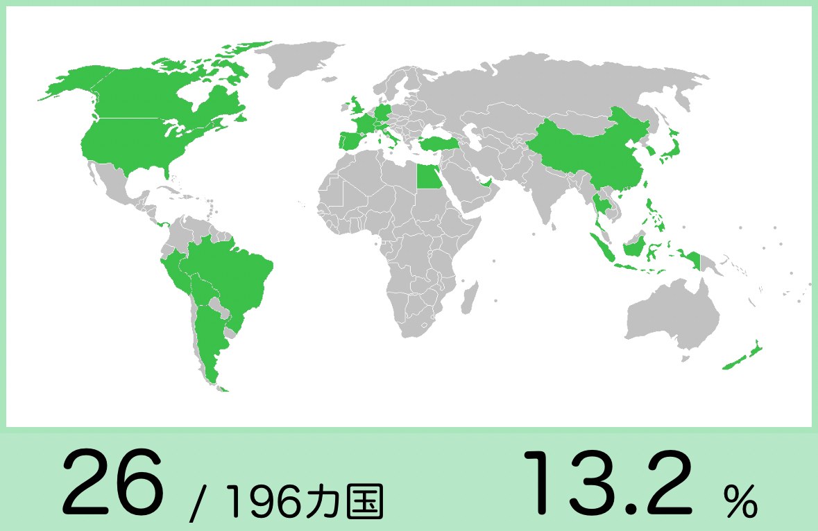 旅した国と地域の世界地図(26か国・地域)