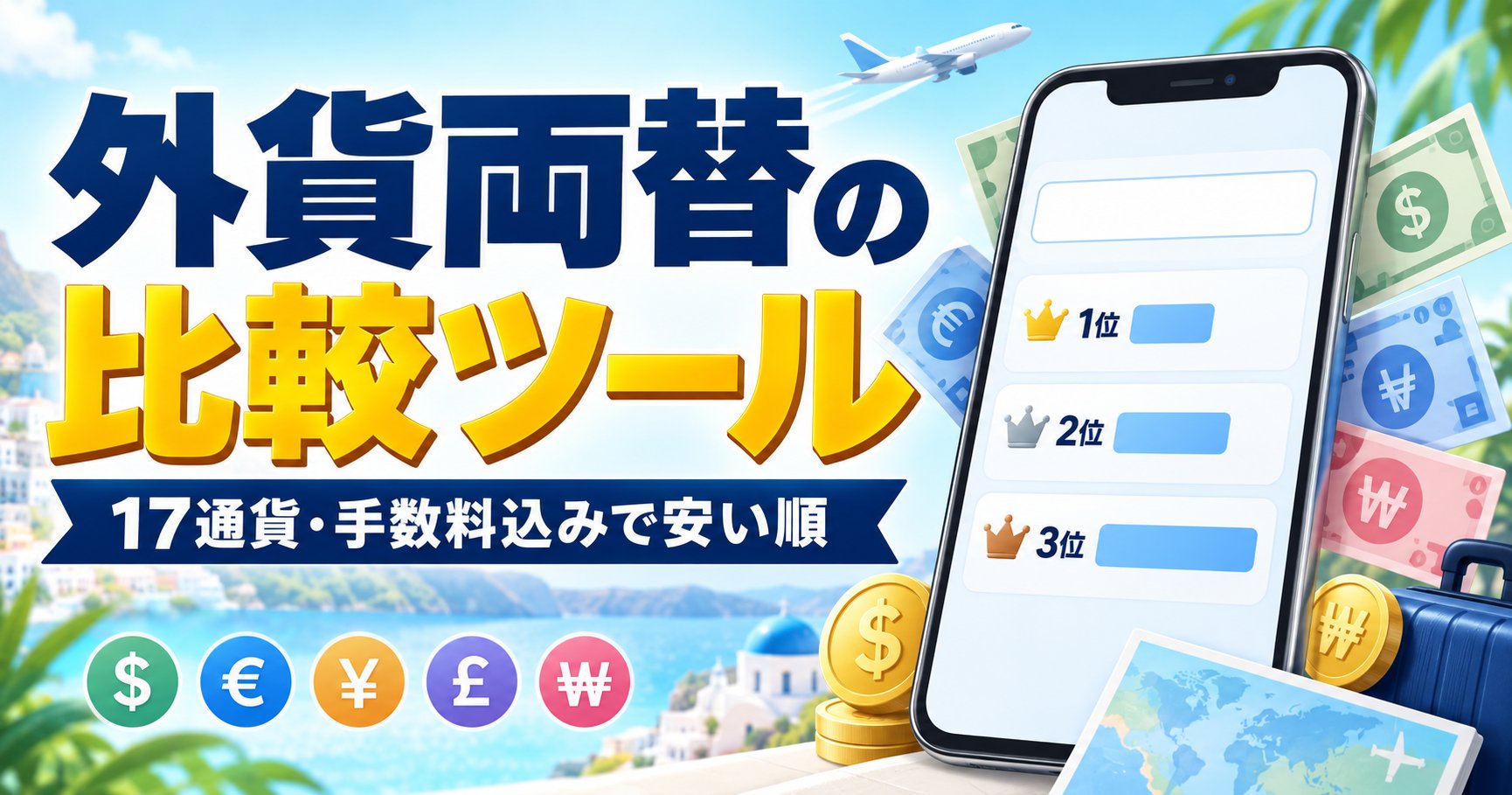 外貨両替の比較ツール 17通貨・手数料込みで安い順